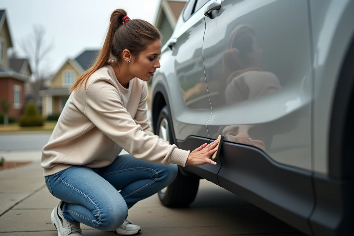 Femme appliquant un produit rénovateur sur le plastique rayé de la jupe latérale d'un SUV dans une allée résidentielle