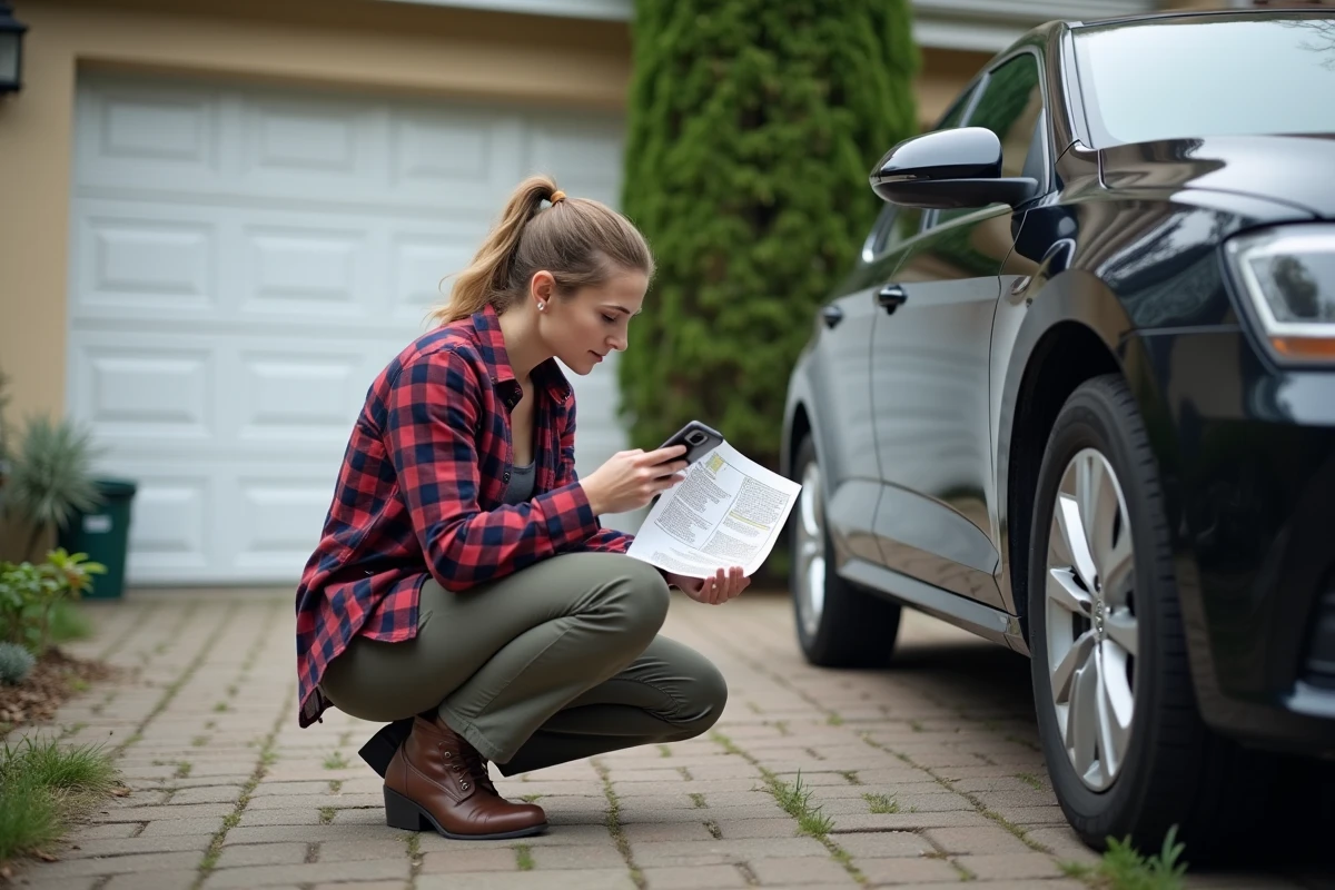 Jeune femme répare sa voiture dans une allée résidentielle