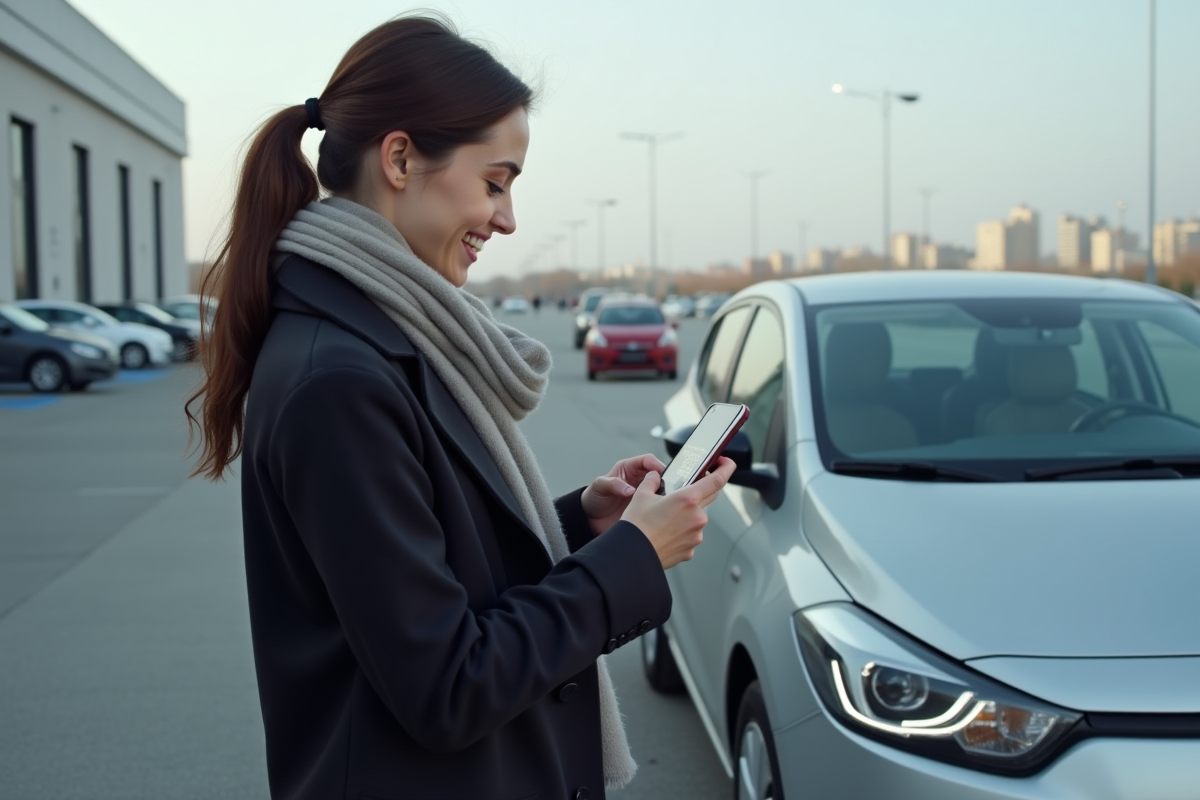 Jeune femme scannant un QR code sur sa voiture en extérieur