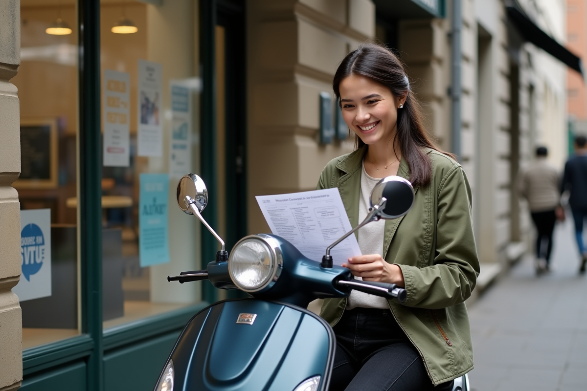 Jeune femme regardant une liste de prix scooter devant un autoécole