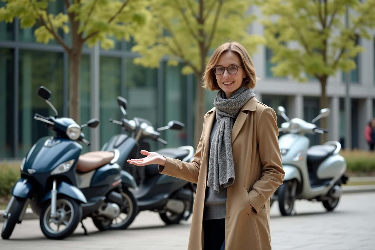 Femme d age moyen près de scooters dans une place urbaine