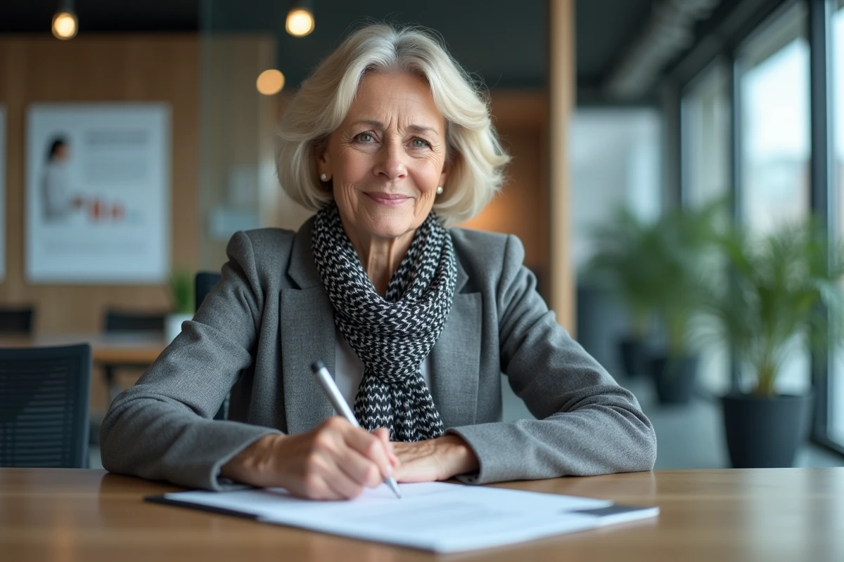 Femme signe un contrat de location dans un bureau moderne