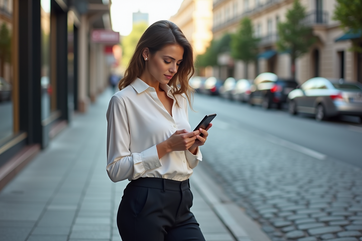 Jeune femme utilisant son smartphone près de sa voiture en ville