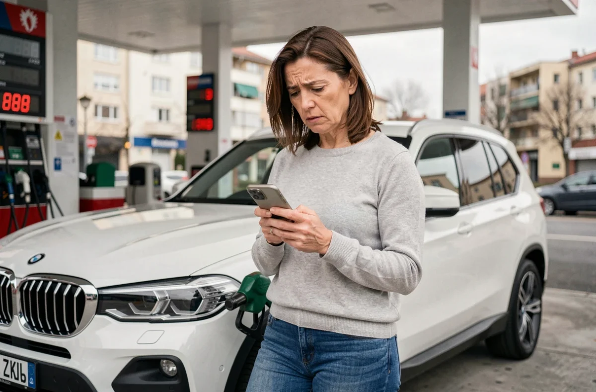 Femme inquiète à la station-service à côté de sa BMW après avoir constaté une consommation excessive