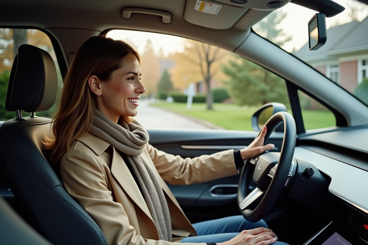 Femme dans un SUV électrique 2026 dans une allée résidentielle