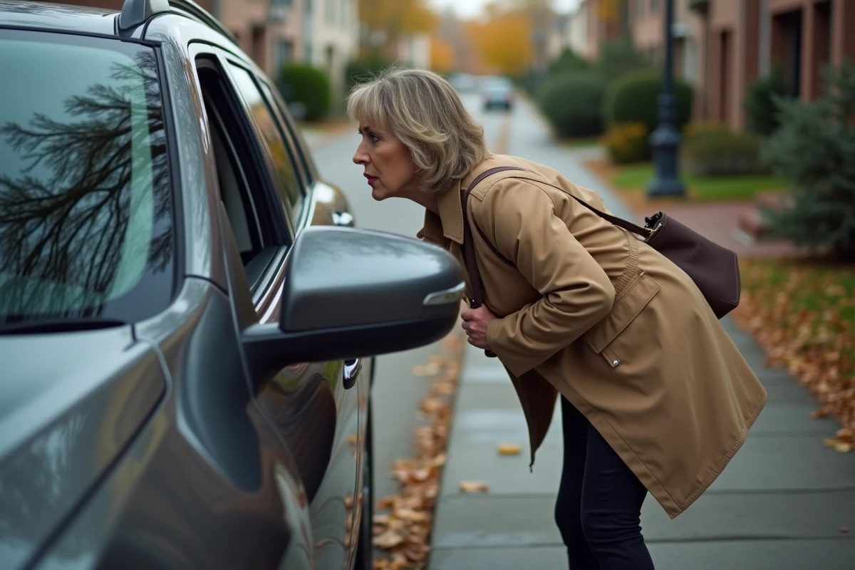 Femme cherchant à ouvrir son SUV verrouillé avec ses clés oubliées à l'intérieur visible sur le siège