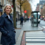 Femme en imperméable bleu à un passage piéton urbain