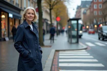 Femme en imperméable bleu à un passage piéton urbain
