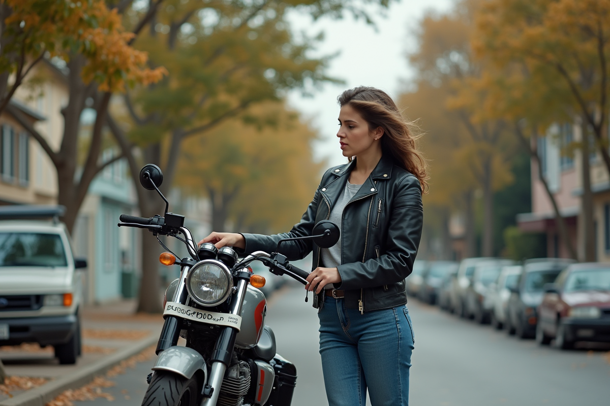 Femme vérifiant un document sur sa moto classique en extérieur