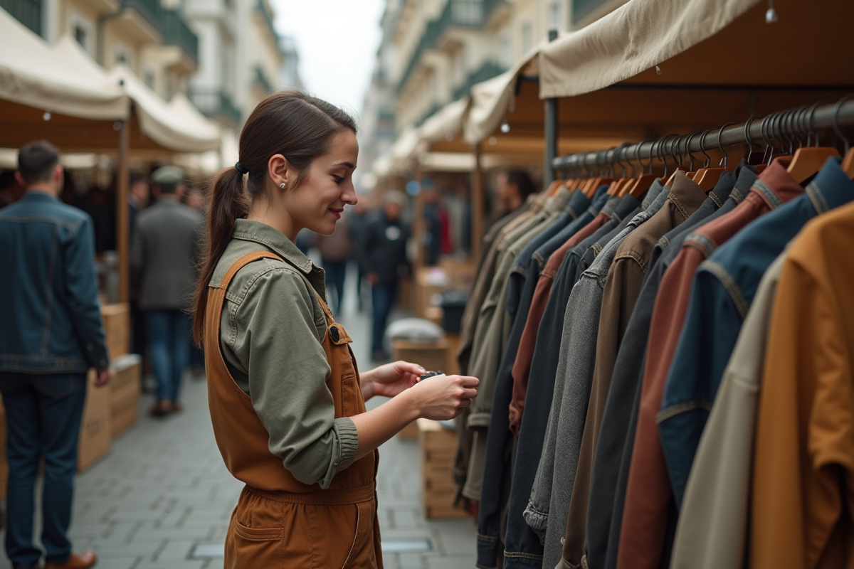 Femme vintage en marché extérieur avec vêtements anciens