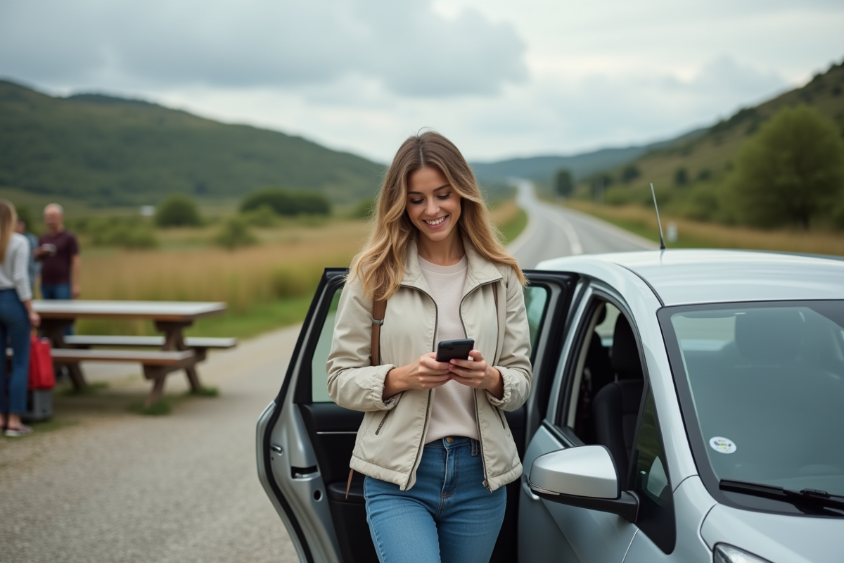 Jeune femme vérifiant une application dans une aire de repos