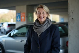 Femme confiante verrouillant sa voiture à Colmar