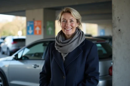 Femme confiante verrouillant sa voiture à Colmar