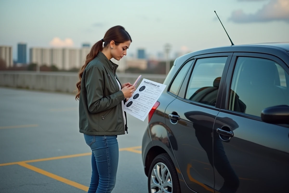 Jeune femme examinant un tableau des tailles de pneus sur son smartphone