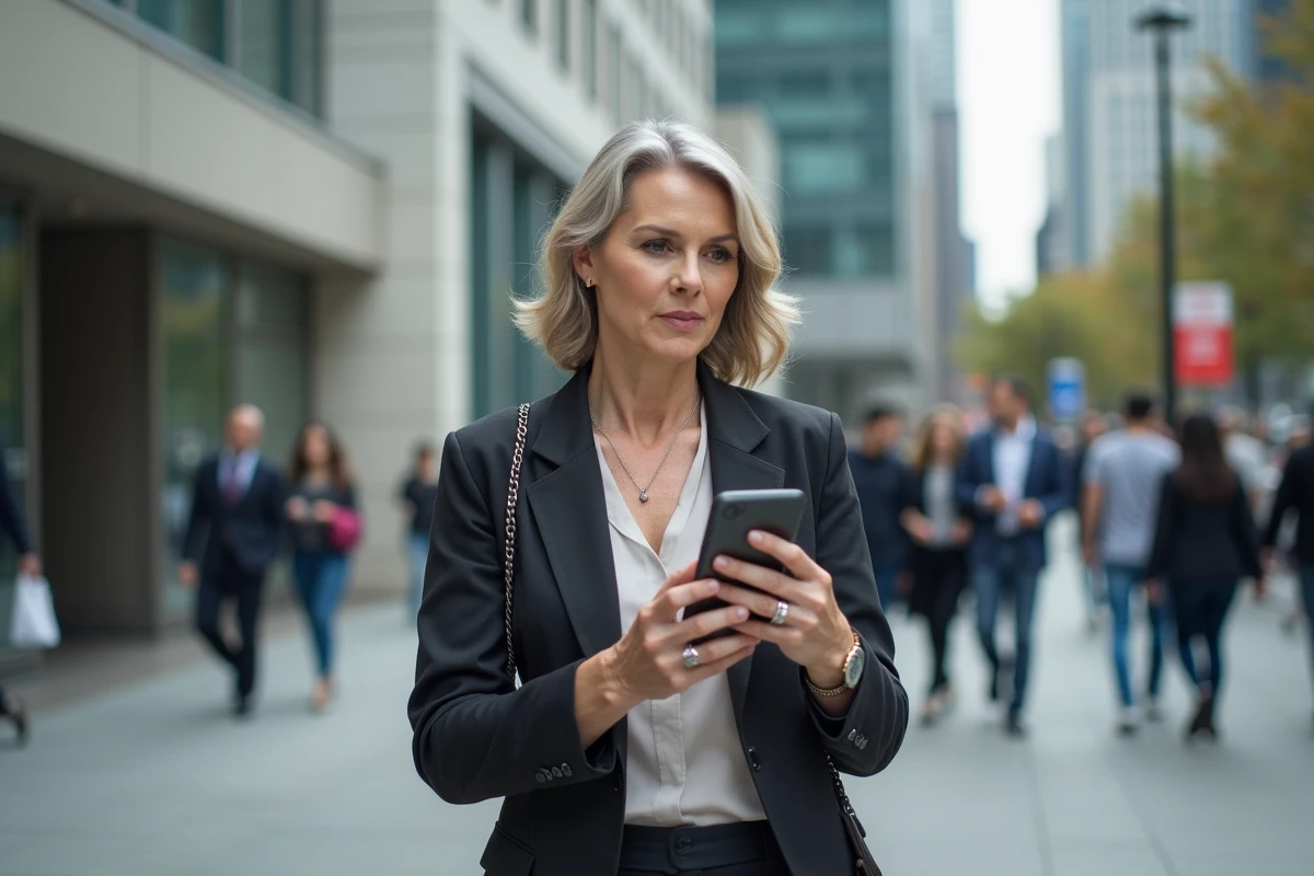 Femme parlant dans son smartphone en extérieur dans la ville
