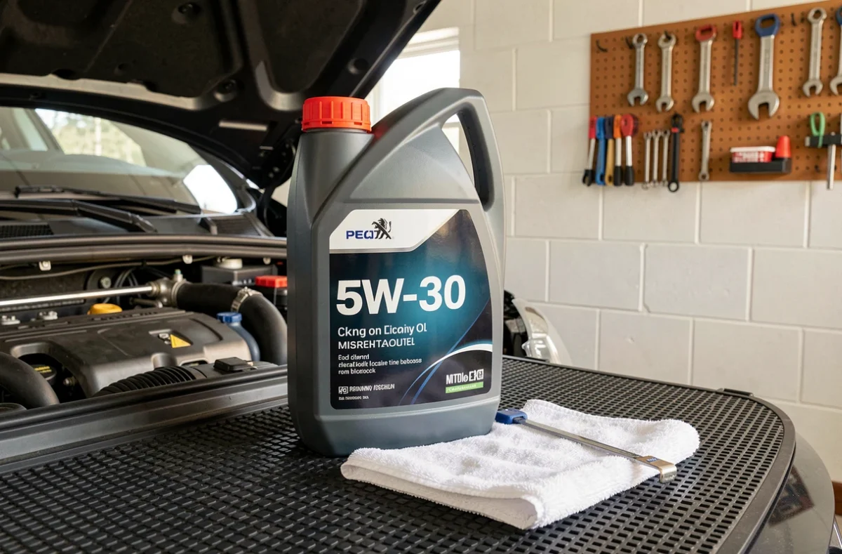 Flacon d'huile moteur 5W-30 conforme PSA posé près du moteur d'une Peugeot 208 essence