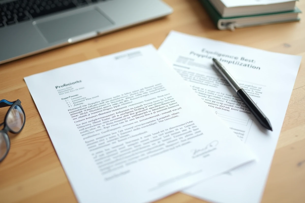 Vue aérienne d'un bureau avec lettres officielles et justificatifs organisés pour constituer un dossier VTC par équivalence