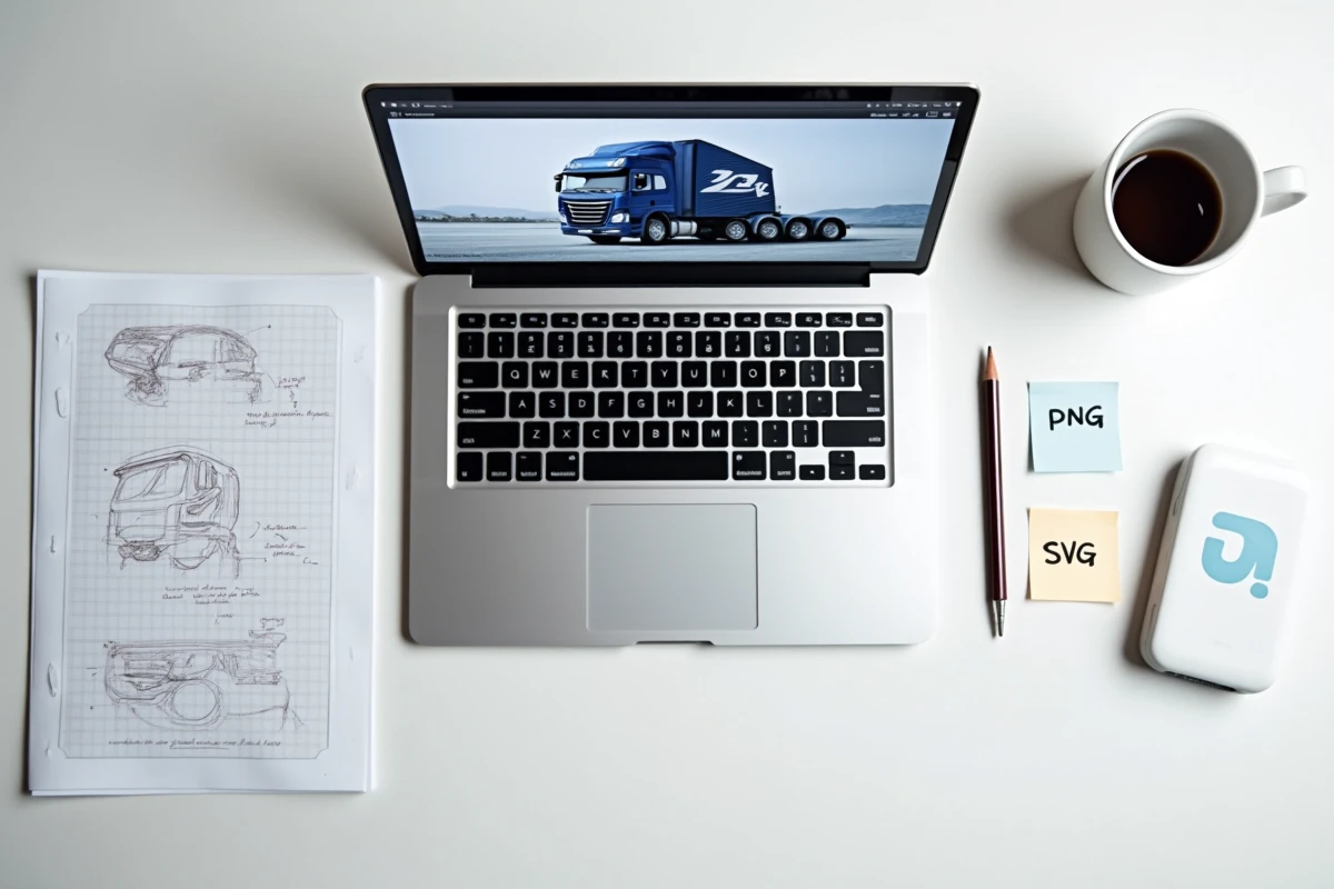 Vue à plat d'un bureau avec ordinateur affichant les formats de fichiers logo DAF et accessoires de design graphique