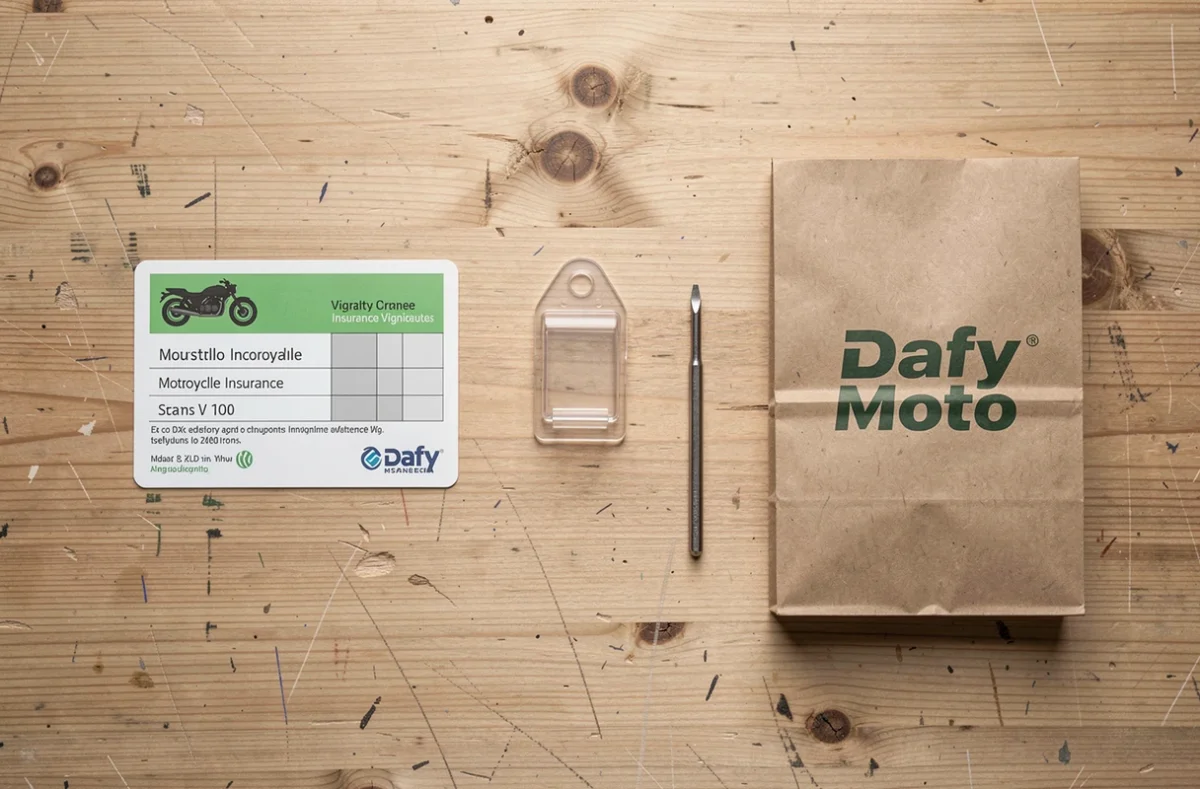 Flat-lay d'un support vignette assurance moto avec accessoires de montage et sac Dafy Moto sur un établi