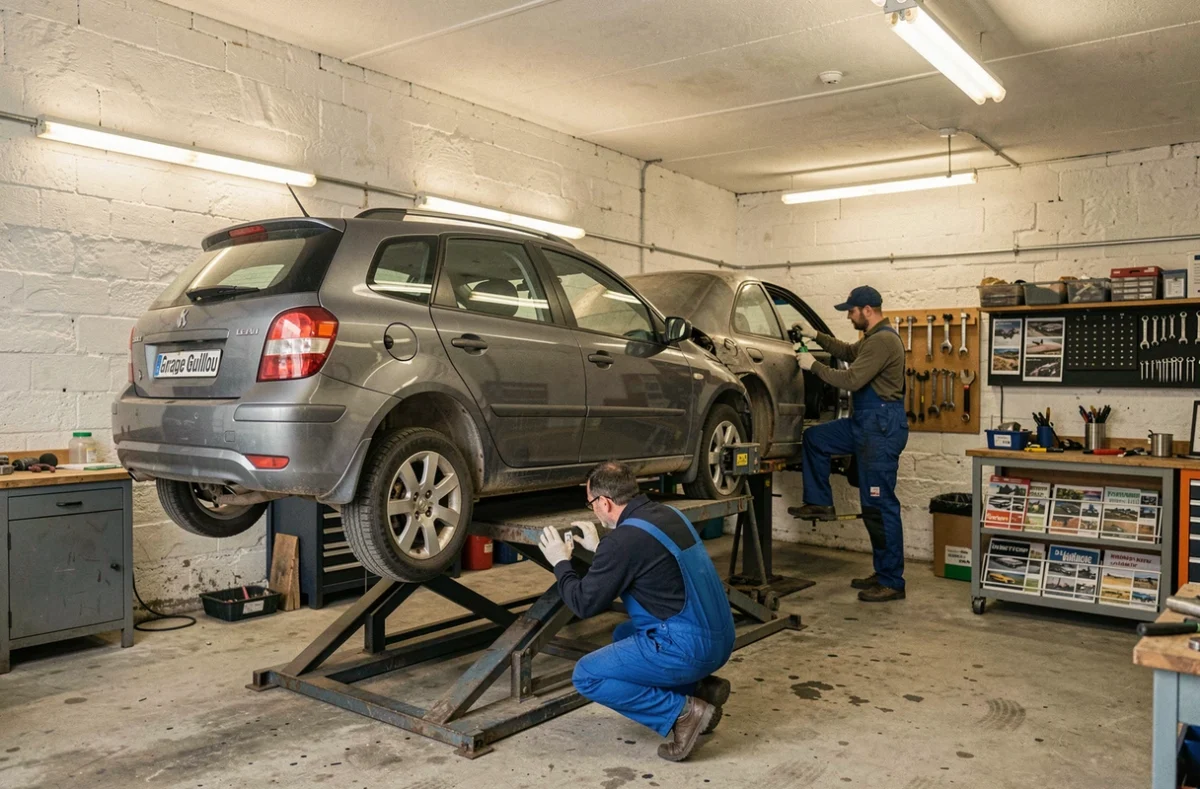 Mécanicien du Garage Guillou à Saint-Évarzec inspectant un véhicule sur pont élévateur en atelier