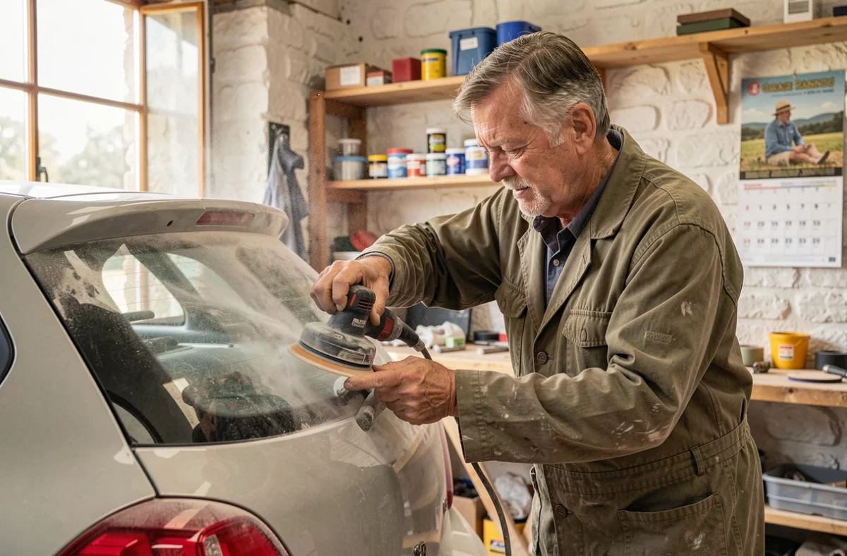 Carrossier du Garage Rannou à Dinéault ponçant un panneau arrière de véhicule dans un atelier rural