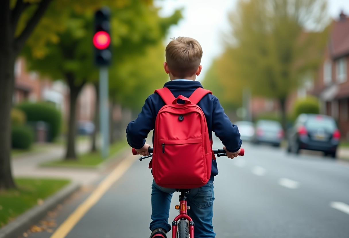 Garçon avec sac à dos rouge à vélo dans une rue résidentielle