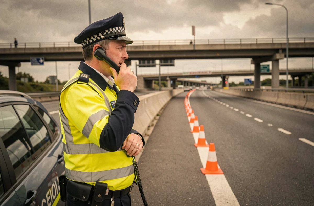 Gendarme en gilet haute visibilité gérant la circulation sur le périphérique de Caen après un accident, cônes de signalisation disposés sur la chaussée