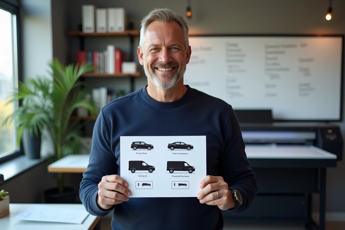 Graphiste comparant différents formats de fichiers logo DAF sur une feuille imprimée dans un studio de design