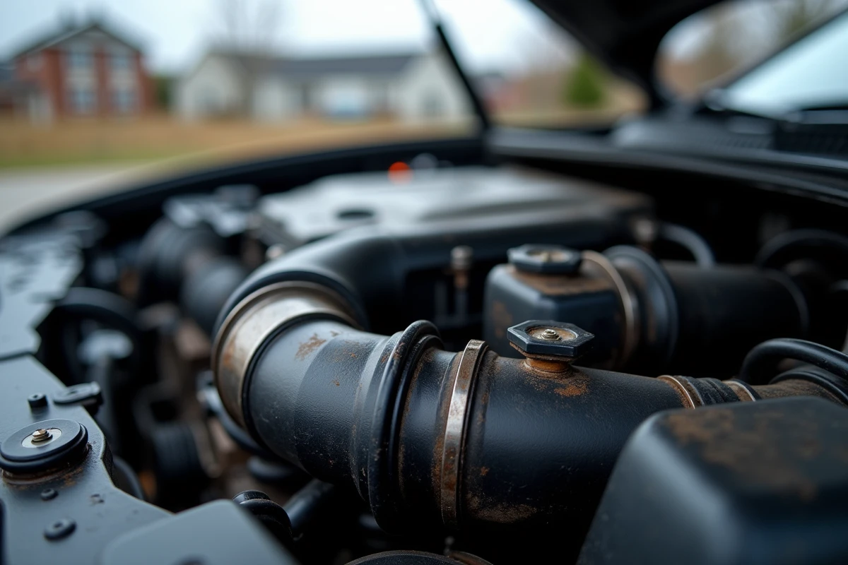 Gros plan sur le compartiment moteur TCe avec traces d'huile et usure des durites