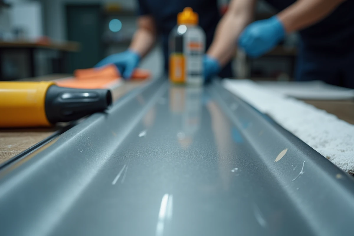Gros plan sur des rayures sur un panneau en plastique de portière de voiture avec des outils de rénovation posés sur un établi