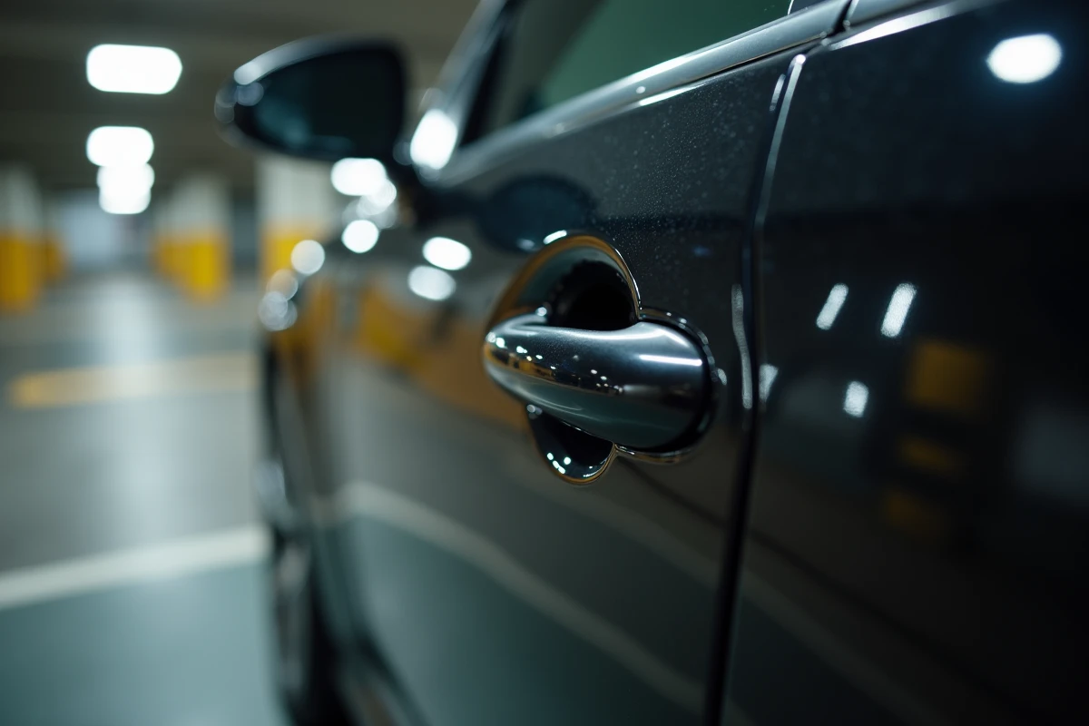 Gros plan sur la poignée d'une voiture verrouillée avec les clés visibles à travers la vitre sur le siège conducteur
