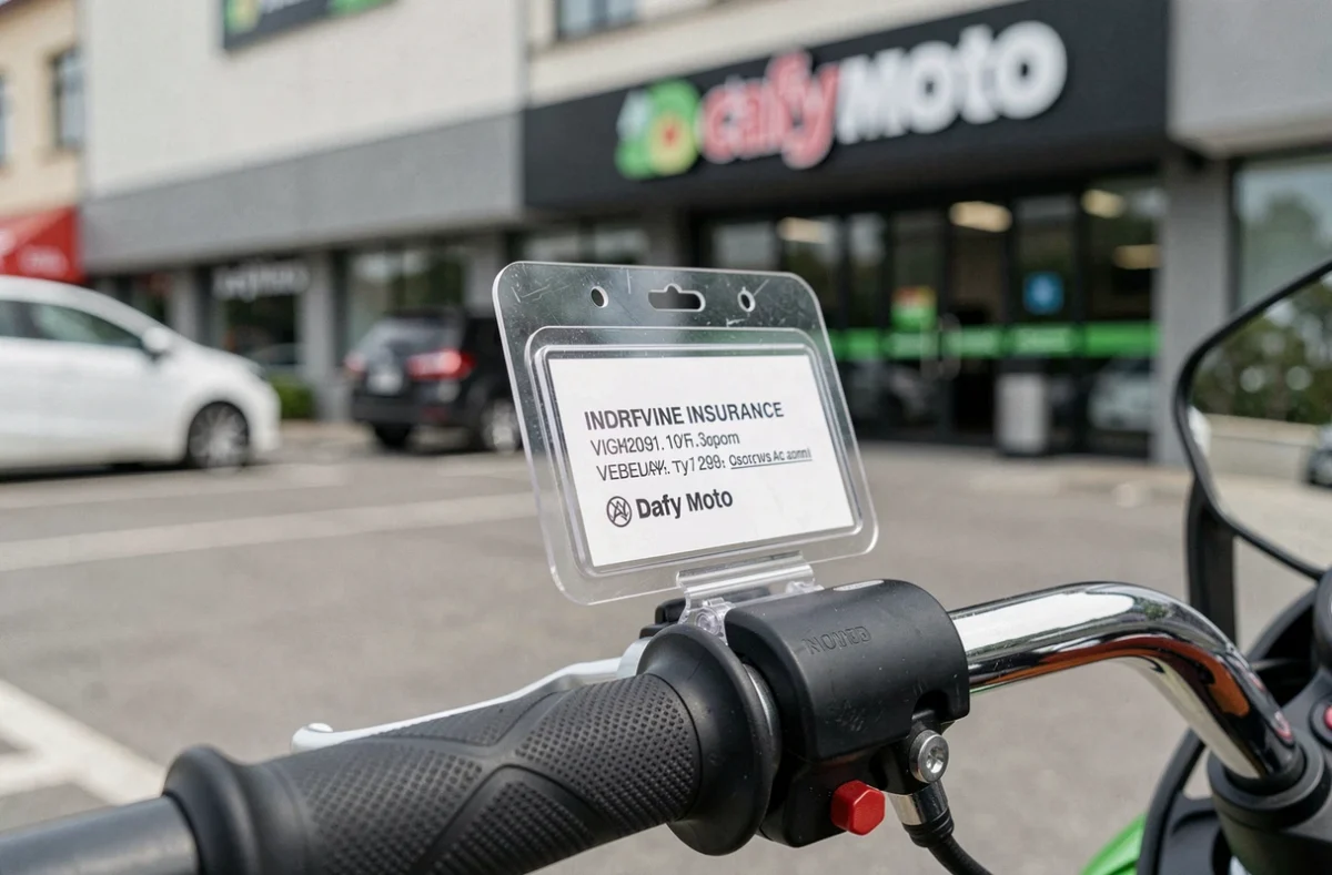 Gros plan sur un support vignette assurance transparent monté sur le guidon d'une moto devant un magasin Dafy
