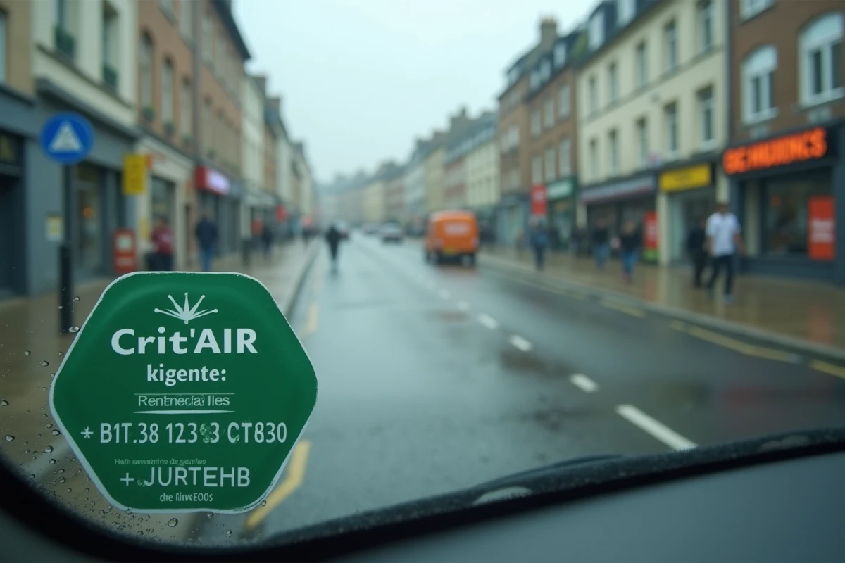Gros plan sur une vignette Crit'Air verte de catégorie 1 collée sur un pare-brise avec panneau de zone à faibles émissions en arrière-plan à Rennes