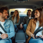 Groupe d'amis en voiture lors d'un road trip printanier