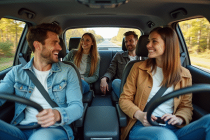 Groupe d'amis en voiture lors d'un road trip printanier
