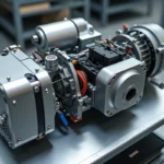 Groupe motopropulseur hybride 48V avec démarreur-alternateur intégré et module batterie lithium-ion sur établi d'atelier automobile