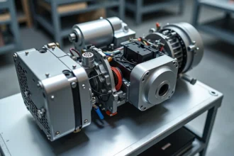 Groupe motopropulseur hybride 48V avec démarreur-alternateur intégré et module batterie lithium-ion sur établi d'atelier automobile