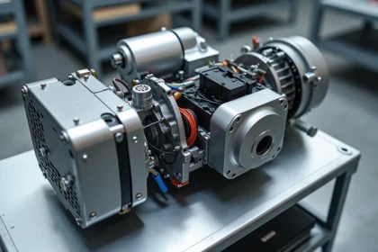 Groupe motopropulseur hybride 48V avec démarreur-alternateur intégré et module batterie lithium-ion sur établi d'atelier automobile