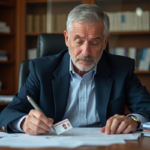 Homme d'âge moyen organisant des papiers officiels dans un bureau administratif