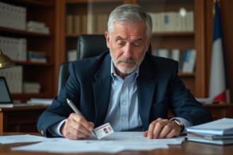 Homme d'âge moyen organisant des papiers officiels dans un bureau administratif