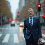 Homme d'affaires en costume attend au croisement urbain