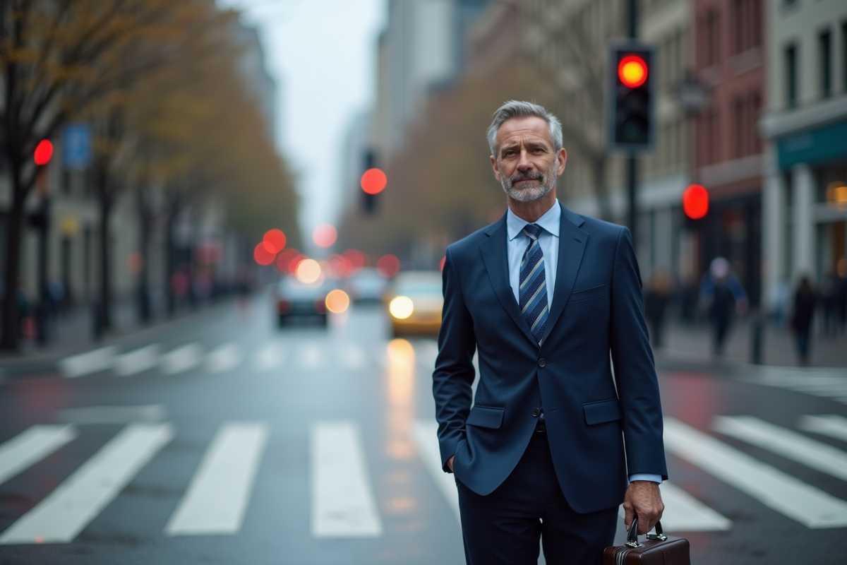 Homme d'affaires en costume attend au croisement urbain