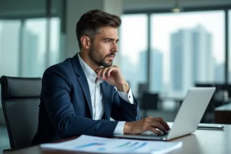 Homme d'affaires en costume regardant un graphique digital