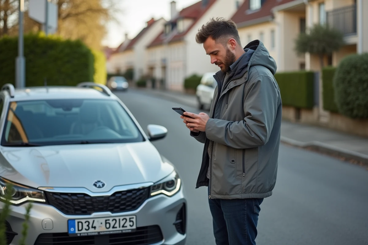 Homme vérifiant son assurance auto Victor Direct Assurance sur smartphone devant sa voiture