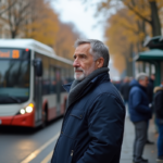 Homme d'âge moyen au arrêt de bus urbain contemplant un bus passant