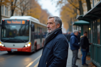 Homme d'âge moyen au arrêt de bus urbain contemplant un bus passant