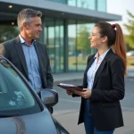 Homme d affaires parlant à une représentante devant un centre auto