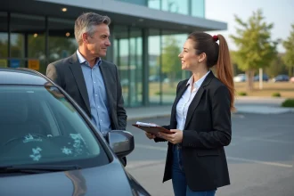 Homme d affaires parlant à une représentante devant un centre auto