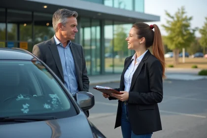 Homme d affaires parlant à une représentante devant un centre auto