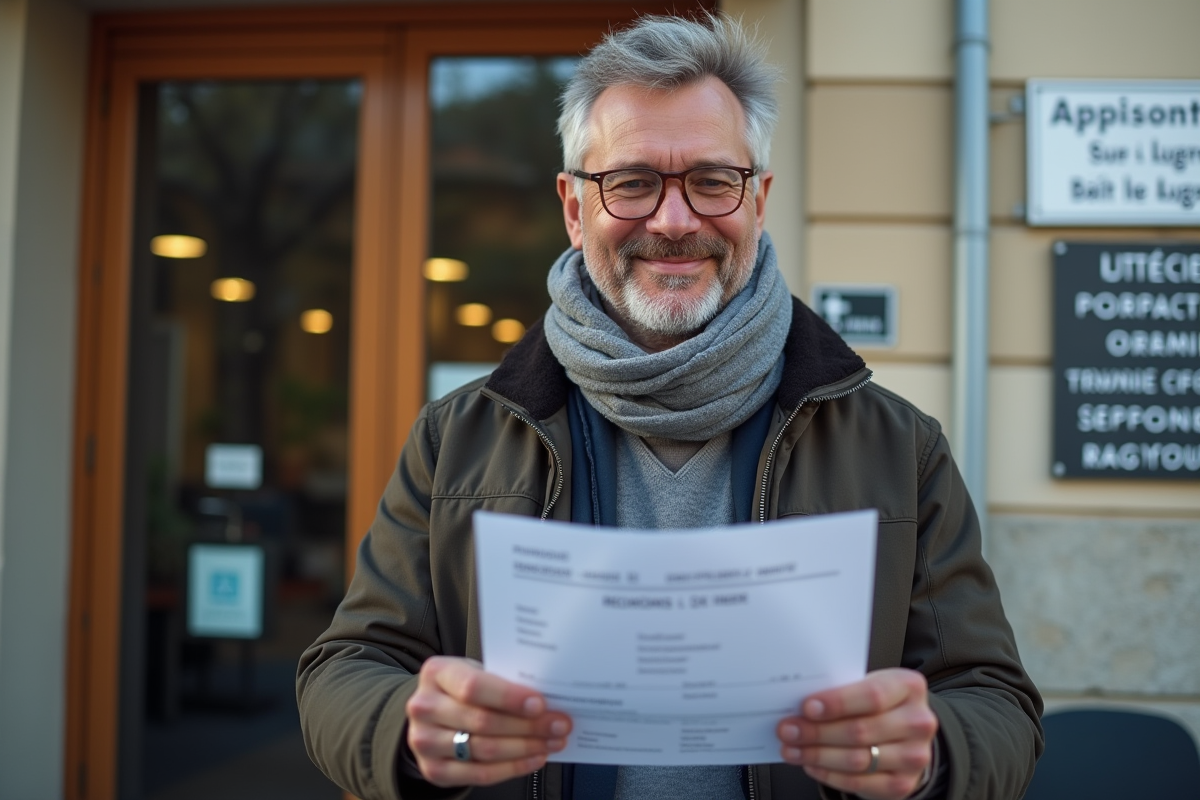Homme souriant devant mairie avec documents d